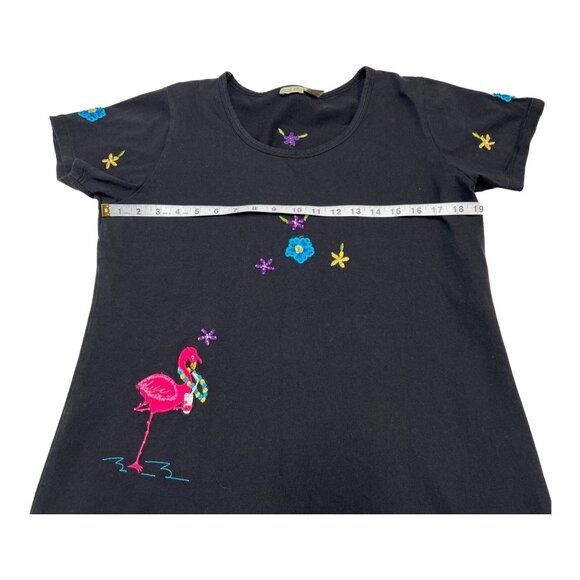 Pushpa TShirt Dress Women M Black Embroidered Beaded Flamingo Palm Tree Vacation - Picture 7 of 8